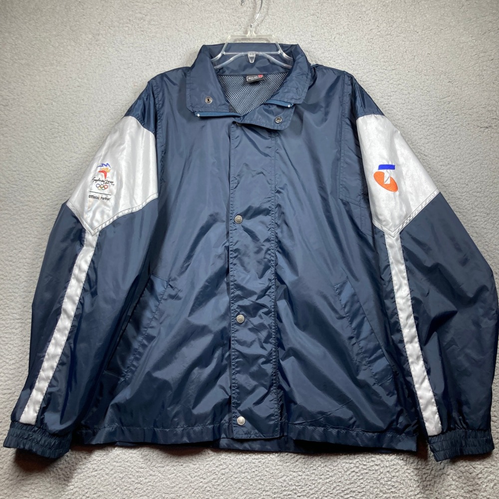 Atelier Sydney 2000 Olympic Windbreaker Men L Navy Blue Silver Hood Jacket FLAW